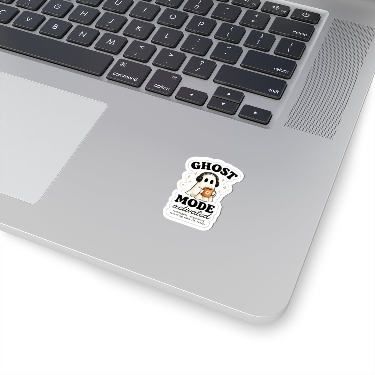 Ghost Mode Activated Sticker — Cute Ghost with Headphones & Coffee (Kiss-Cut)
