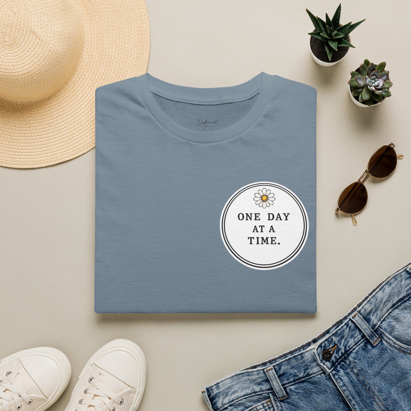 T-Shirt — "One Day at a Time" Daisy Minimalist Inspirational Tee