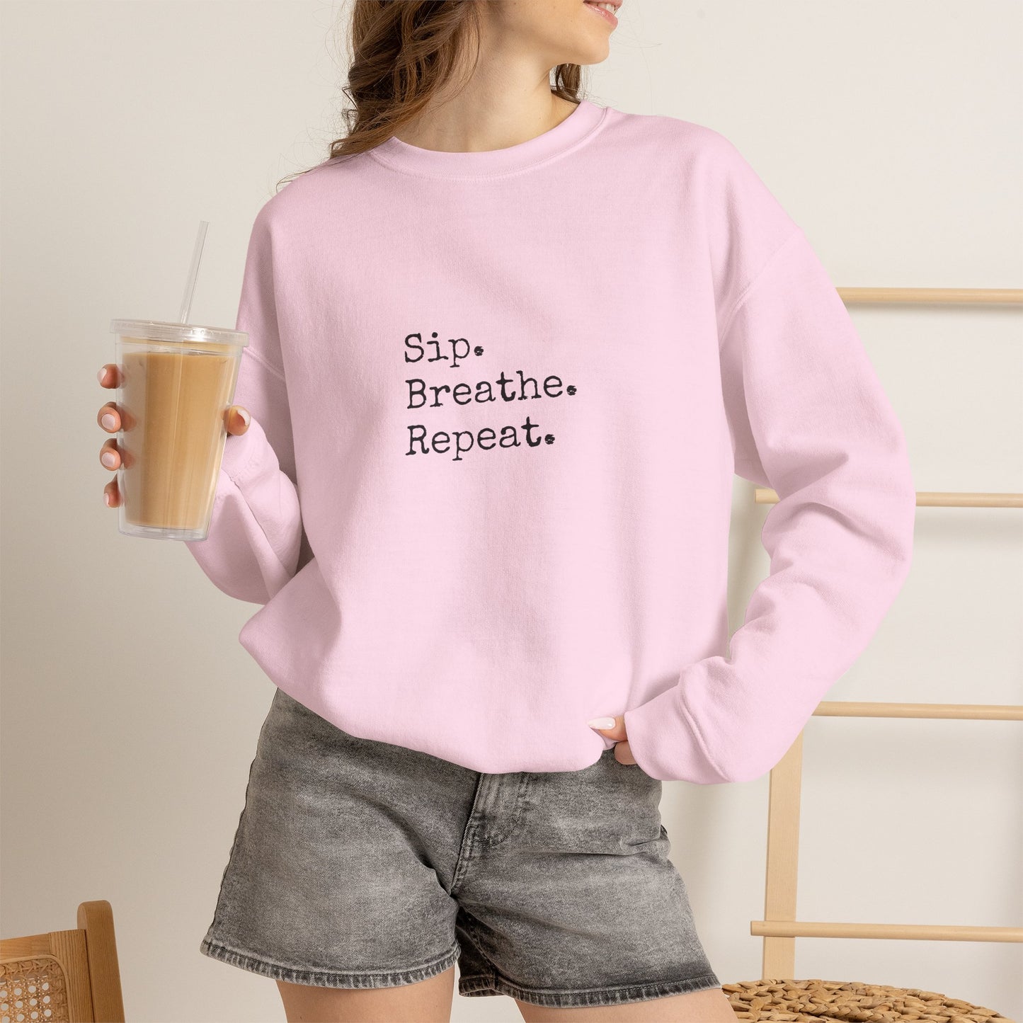 Sip. Breathe. Repeat. Crewneck Sweatshirt — Cozy Minimalist Relaxation Sweatshirt